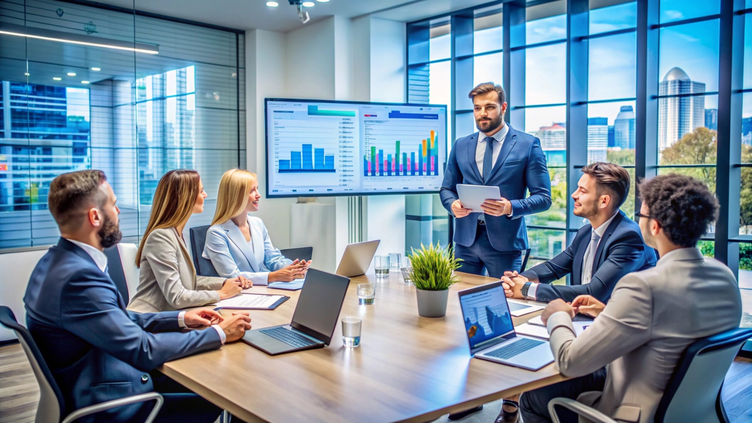 Business people meeting around table with charts.